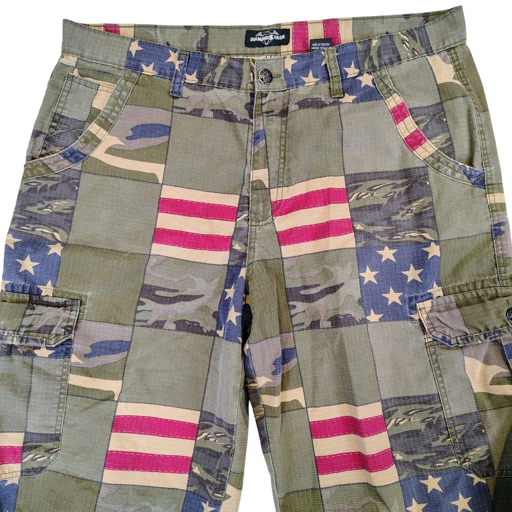 Diamond Stash Men SZ 44 American Flag Patchwork Cargo Shorts Camo Cotton Ripstop